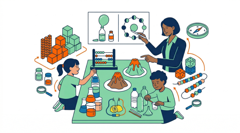 Ilustración de experimentos de ciencias realizados con materiales caseros, mostrando frascos, líquidos y elementos cotidianos utilizados en actividades educativas.