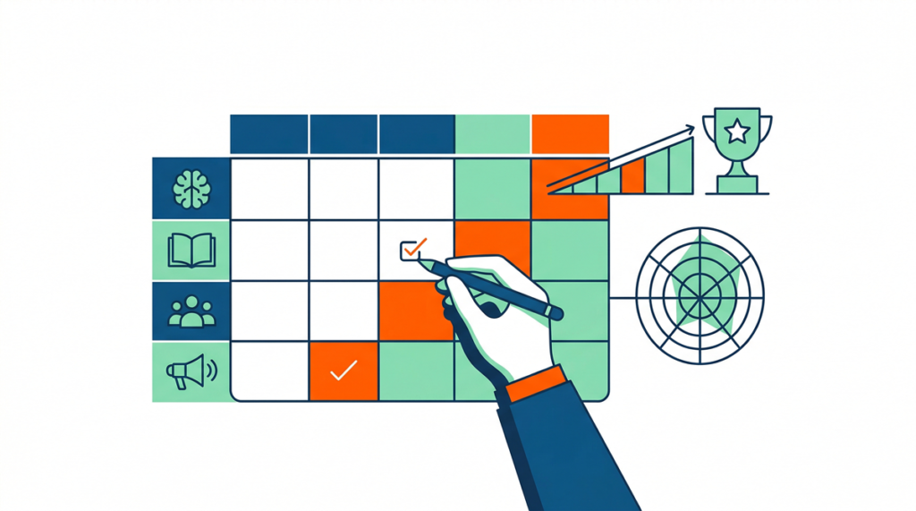 Ilustración de competencias evaluadas con rúbricas, mostrando criterios, niveles de desempeño y herramientas de evaluación educativa.