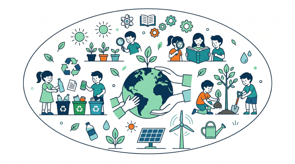 Ilustración del Día del Planeta con elementos naturales, hojas y símbolos ecológicos que representan el cuidado del medio ambiente.