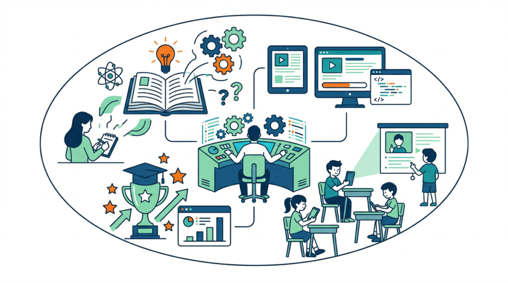 Ilustración del proceso de diseño instruccional, mostrando planificación educativa, análisis de objetivos y organización de contenidos para docentes.