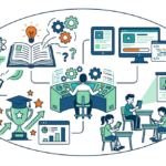 Ilustración del proceso de diseño instruccional, mostrando planificación educativa, análisis de objetivos y organización de contenidos para docentes.