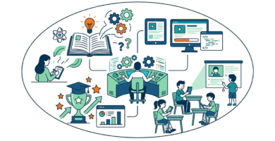 Ilustración del proceso de diseño instruccional, mostrando planificación educativa, análisis de objetivos y organización de contenidos para docentes.