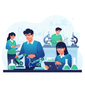 Illustration of high school students working on a STEM project with technology and collaboration in the classroom.