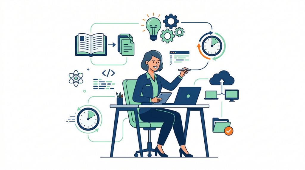 Ilustración de materiales didácticos para docentes, incluyendo libros, cuadernos, marcadores y recursos educativos organizados para el aula.