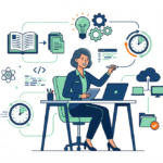 Illustration of teaching materials for teachers, including books, notebooks, markers, and educational resources organized for the classroom.