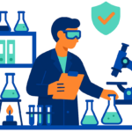 Ilustración de un laboratorio escolar organizado, con estanterías, materiales científicos y equipos distribuidos de forma segura y ordenada.