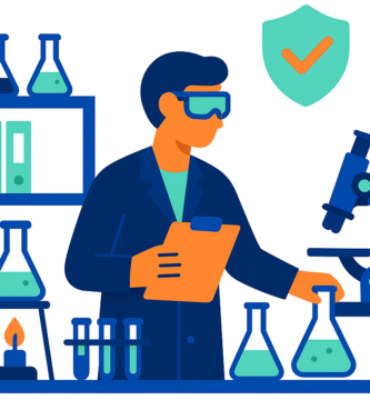 Ilustración de un laboratorio escolar organizado, con estanterías, materiales científicos y equipos distribuidos de forma segura y ordenada.