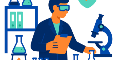 Illustration of an organized school laboratory, with shelves, scientific materials, and equipment safely and neatly distributed.