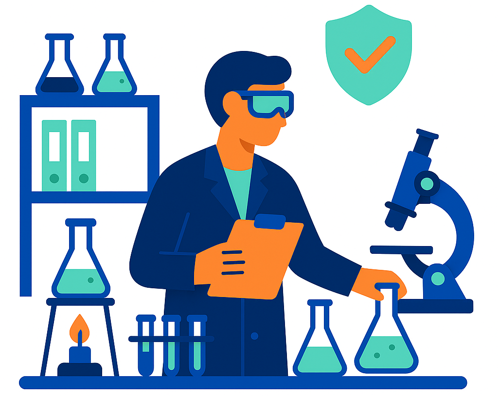 Ilustración de un laboratorio escolar organizado, con estanterías, materiales científicos y equipos distribuidos de forma segura y ordenada.
