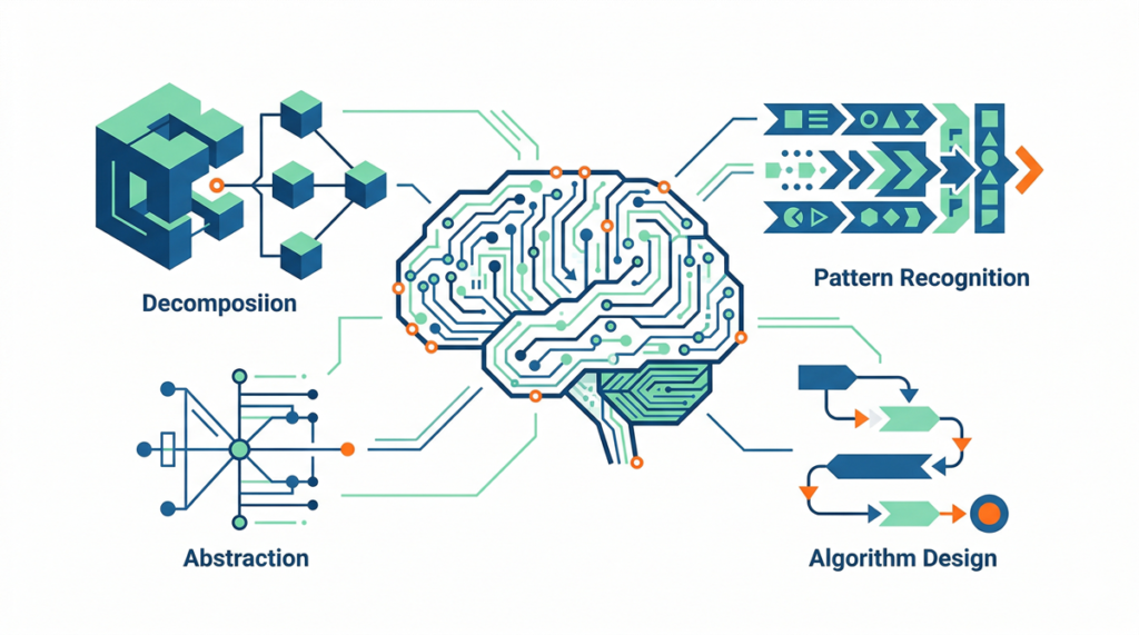 Ilustración conceptual del pensamiento computacional, mostrando elementos como algoritmos, patrones y resolución de problemas en un entorno educativo.