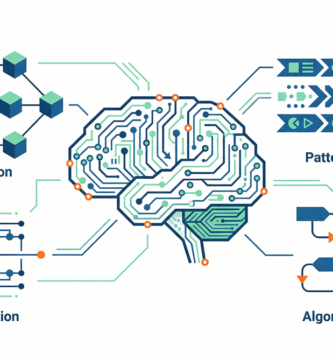 Conceptual illustration of computational thinking, showing elements like algorithms, patterns, and problem-solving in an educational setting.