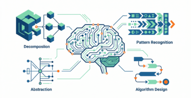 Conceptual illustration of computational thinking, showing elements like algorithms, patterns, and problem-solving in an educational setting.
