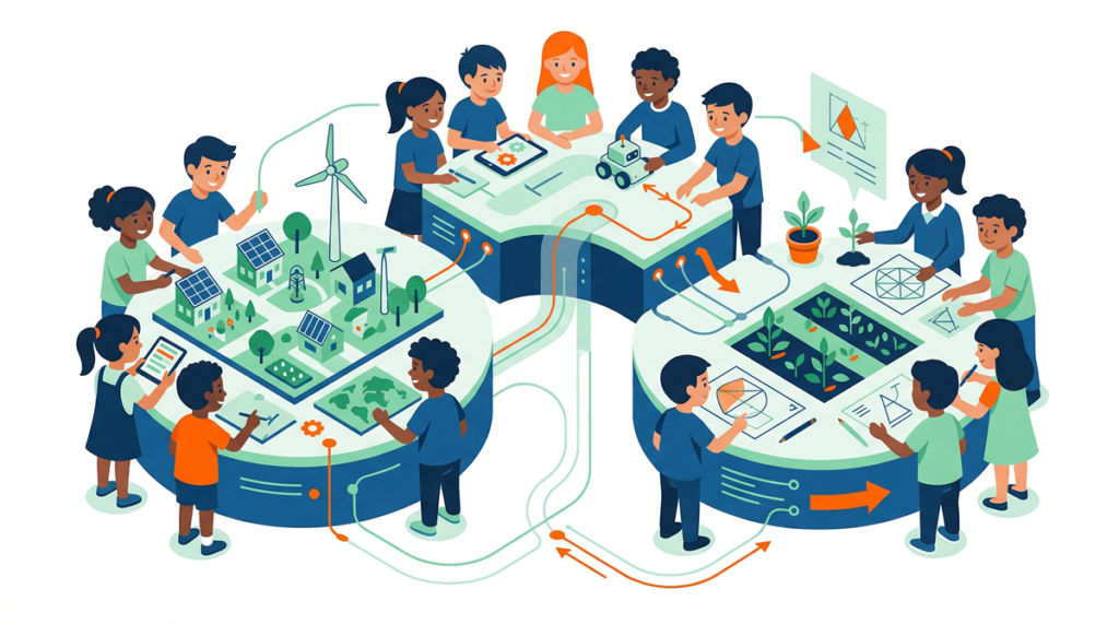 Ilustración de estudiantes colaborando en proyectos interdisciplinarios STEM, integrando ciencia, tecnología y creatividad en un entorno educativo.