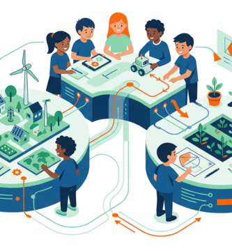 Ilustración de estudiantes colaborando en proyectos interdisciplinarios STEM, integrando ciencia, tecnología y creatividad en un entorno educativo.