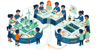 Illustration of students collaborating on interdisciplinary STEM projects, integrating science, technology, and creativity in an educational setting.