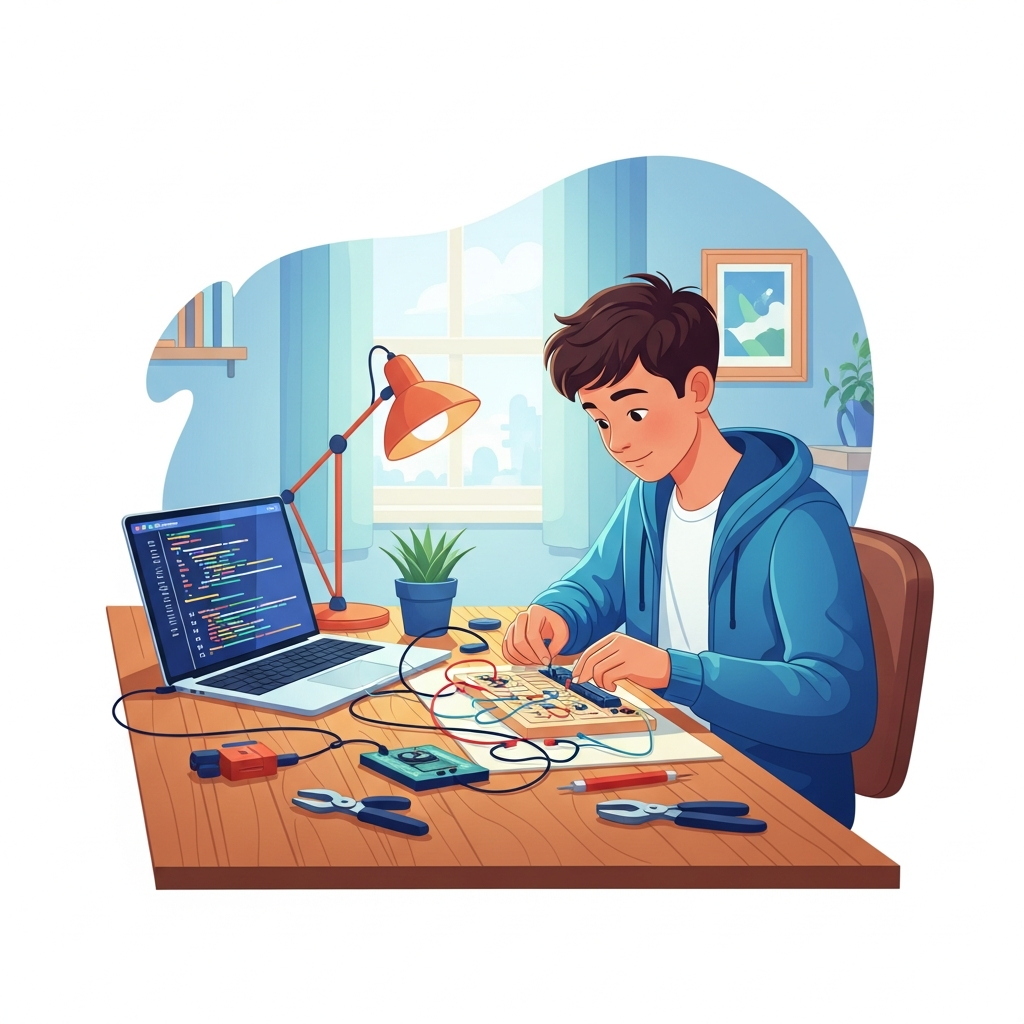 Ilustración de una familia realizando actividades STEM en casa con materiales simples y aprendizaje práctico.