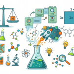 Ilustración educativa con símbolos matemáticos y científicos que representan cómo enseñar álgebra de forma visual a estudiantes.