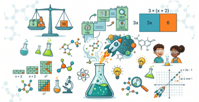 Educational illustration with mathematical and scientific symbols representing how to teach algebra visually to students.