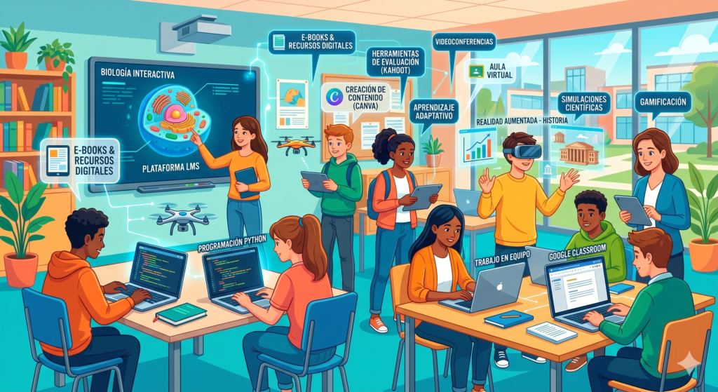 Ilustración de un aula moderna donde estudiantes y docentes usan computadoras, tabletas y pantallas digitales para aprender. El entorno muestra carteles educativos y tecnología integrada, representando el uso de herramientas digitales en la educación secundaria.
