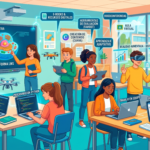 Ilustración de un aula moderna donde estudiantes y docentes usan computadoras, tabletas y pantallas digitales para aprender. El entorno muestra carteles educativos y tecnología integrada, representando el uso de herramientas digitales en la educación secundaria.