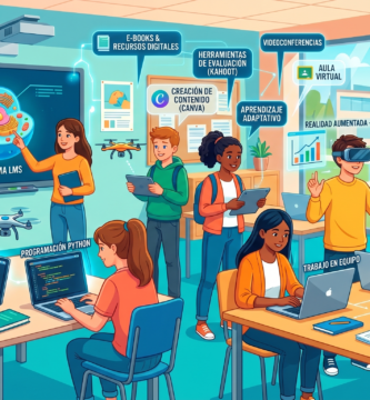 Ilustración de un aula moderna donde estudiantes y docentes usan computadoras, tabletas y pantallas digitales para aprender. El entorno muestra carteles educativos y tecnología integrada, representando el uso de herramientas digitales en la educación secundaria.
