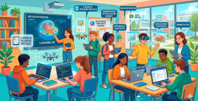 Ilustración de un aula moderna donde estudiantes y docentes usan computadoras, tabletas y pantallas digitales para aprender. El entorno muestra carteles educativos y tecnología integrada, representando el uso de herramientas digitales en la educación secundaria.