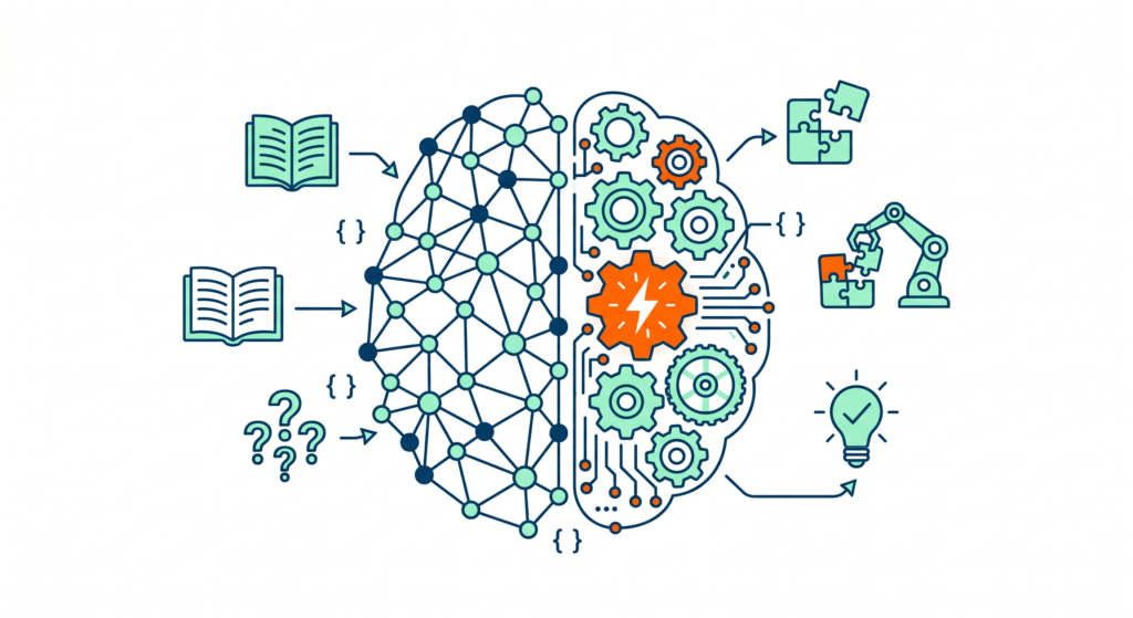 Ilustración de cerebro digital con íconos educativos que representan la inteligencia artificial en la educación secundaria.