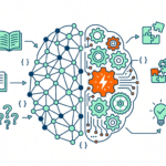 Ilustración de cerebro digital con íconos educativos que representan la inteligencia artificial en la educación secundaria.