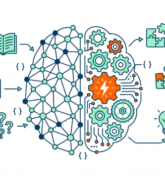 Ilustración de cerebro digital con íconos educativos que representan la inteligencia artificial en la educación secundaria.