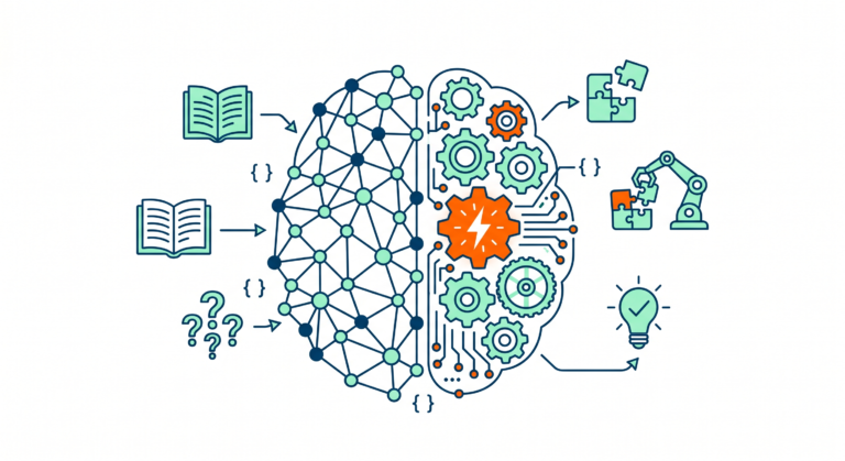 Ilustración de cerebro digital con íconos educativos que representan la inteligencia artificial en la educación secundaria.