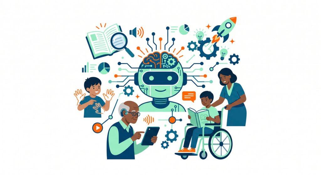 Ilustración de un robot central rodeado de íconos educativos que representan la inclusión y la tecnología en el aula.