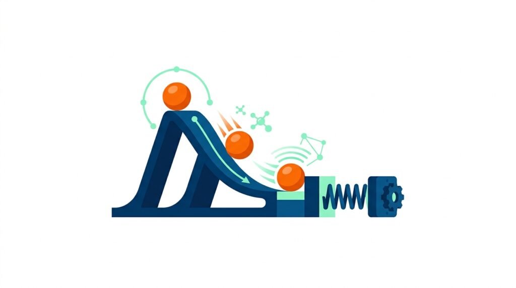Ilustracion vectorial flat design de experimento de fisica para secundaria mostrando la conversion de energia potencial en cinetica con una rampa esferas naranjas y muelle sobre fondo blanco