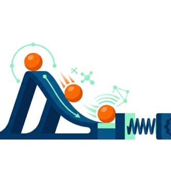 Ilustracion vectorial flat design de experimento de fisica para secundaria mostrando la conversion de energia potencial en cinetica con una rampa esferas naranjas y muelle sobre fondo blanco