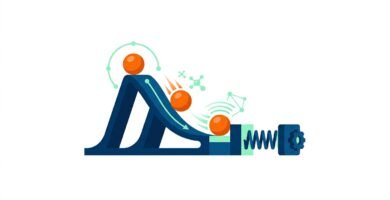 Ilustracion vectorial flat design de experimento de fisica para secundaria mostrando la conversion de energia potencial en cinetica con una rampa esferas naranjas y muelle sobre fondo blanco