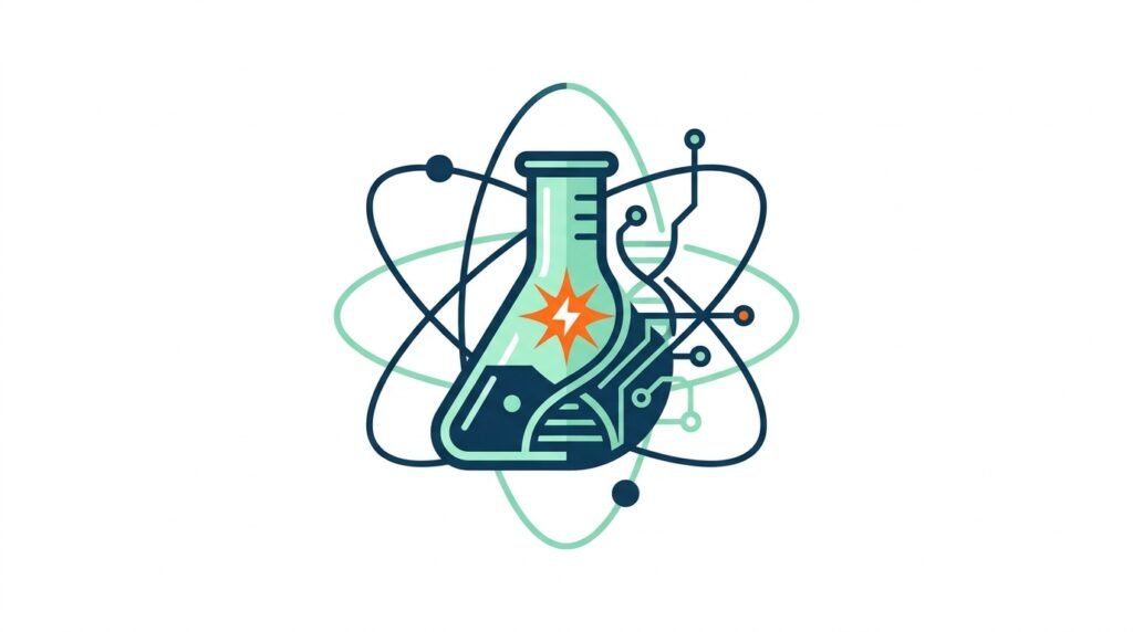 Ilustración vectorial estilo Corporate Flat Design de un matraz de ciencias con circuitos, ADN y órbitas atómicas para proyectos de bachillerato.