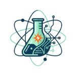 Ilustración vectorial estilo Corporate Flat Design de un matraz de ciencias con circuitos, ADN y órbitas atómicas para proyectos de bachillerato.