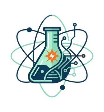 Ilustración vectorial estilo Corporate Flat Design de un matraz de ciencias con circuitos, ADN y órbitas atómicas para proyectos de bachillerato.