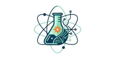 Ilustración vectorial estilo Corporate Flat Design de un matraz de ciencias con circuitos, ADN y órbitas atómicas para proyectos de bachillerato.
