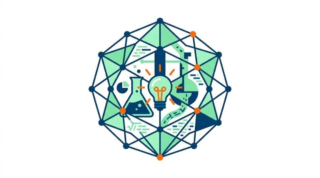 Ilustracion vectorial en diseno plano de educacion STEM y proyectos escolares con estructura geometrica poliedrica y bombilla de innovacion sobre fondo blanco pur