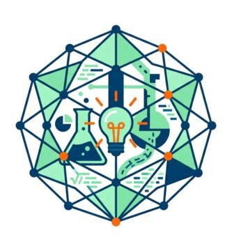 Ilustracion vectorial en diseno plano de educacion STEM y proyectos escolares con estructura geometrica poliedrica y bombilla de innovacion sobre fondo blanco pur