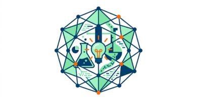Ilustracion vectorial en diseno plano de educacion STEM y proyectos escolares con estructura geometrica poliedrica y bombilla de innovacion sobre fondo blanco pur