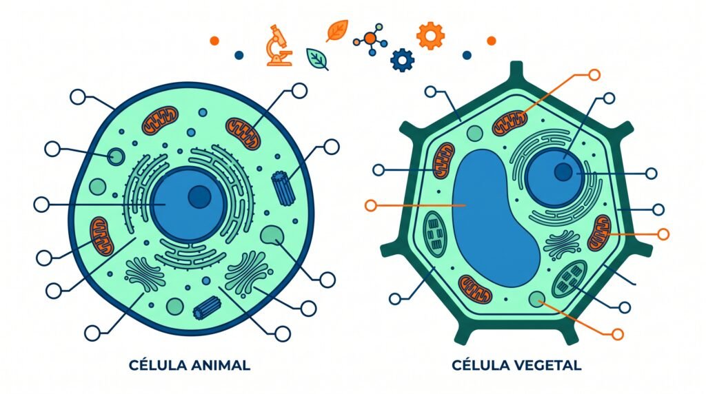 Ilustracion vectorial en diseno plano de celula animal y celula vegetal una al lado de la otra con lineas indicadoras y burbujas vacias para dibujar y etiquetar sus partes en clase de biologia