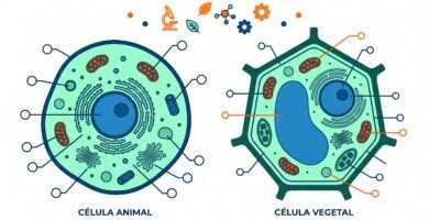 Ilustracion vectorial en diseno plano de celula animal y celula vegetal una al lado de la otra con lineas indicadoras y burbujas vacias para dibujar y etiquetar sus partes en clase de biologia