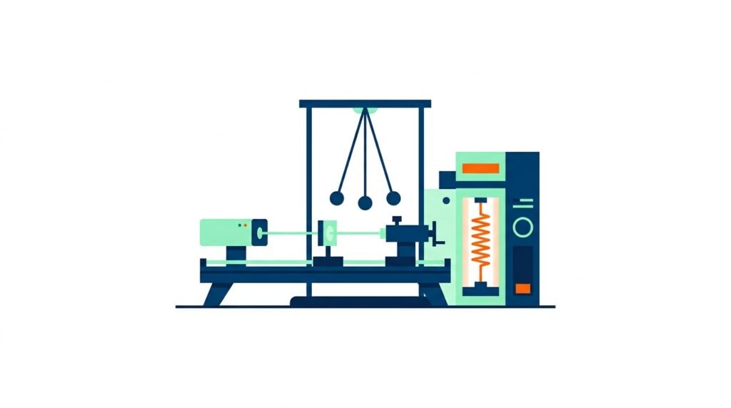 Ilustracion vectorial en diseno plano de experimentos de fisica para bachillerato con banco optico laser pendulo y dinamometro sobre fondo blanco