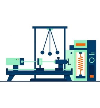 Ilustracion vectorial en diseno plano de experimentos de fisica para bachillerato con banco optico laser pendulo y dinamometro sobre fondo blanco