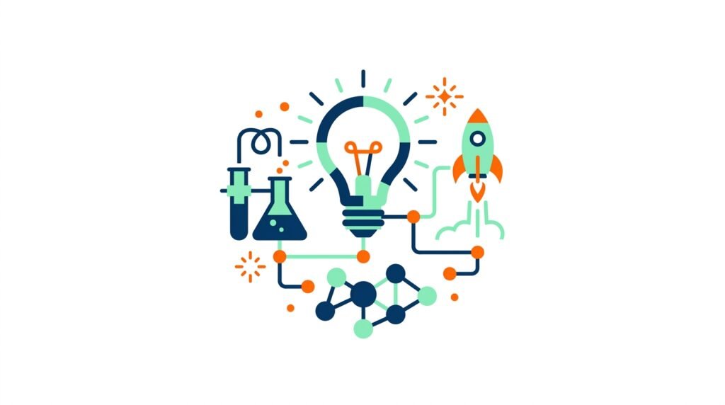 Ilustracion vectorial en diseno plano de ideas de proyectos escolares para secundaria con bombilla de innovacion cohete y elementos cientificos sobre fondo blanco