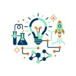 Ilustracion vectorial en diseno plano de ideas de proyectos escolares para secundaria con bombilla de innovacion cohete y elementos cientificos sobre fondo blanco