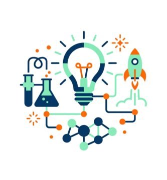 Ilustracion vectorial en diseno plano de ideas de proyectos escolares para secundaria con bombilla de innovacion cohete y elementos cientificos sobre fondo blanco