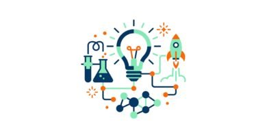 Ilustracion vectorial en diseno plano de ideas de proyectos escolares para secundaria con bombilla de innovacion cohete y elementos cientificos sobre fondo blanco