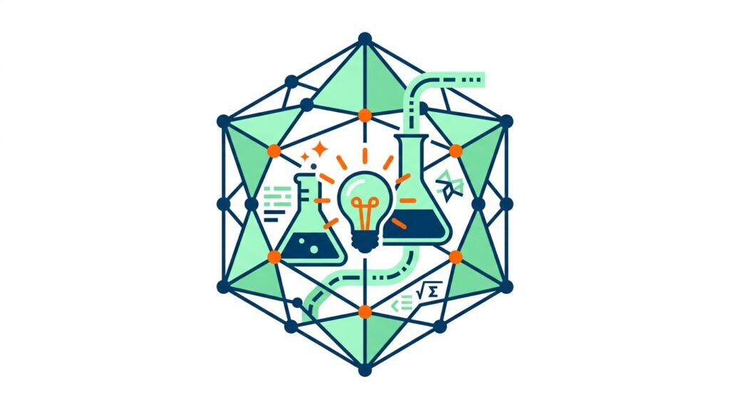 lustracion vectorial en diseno plano de educacion STEM y proyectos escolares con estructura geometrica poliedrica y bombilla de innovacion sobre fondo blanco